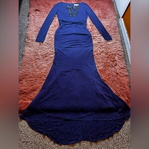 BADGLEY MISCHKA Embellished key Hole Maxi Gown/Dress in Navy. Size L/ 14